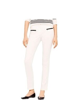 Club Monaco Rachel Pant Work Skinny Ivory Cream Black Leather Zip Pocket Trim 0